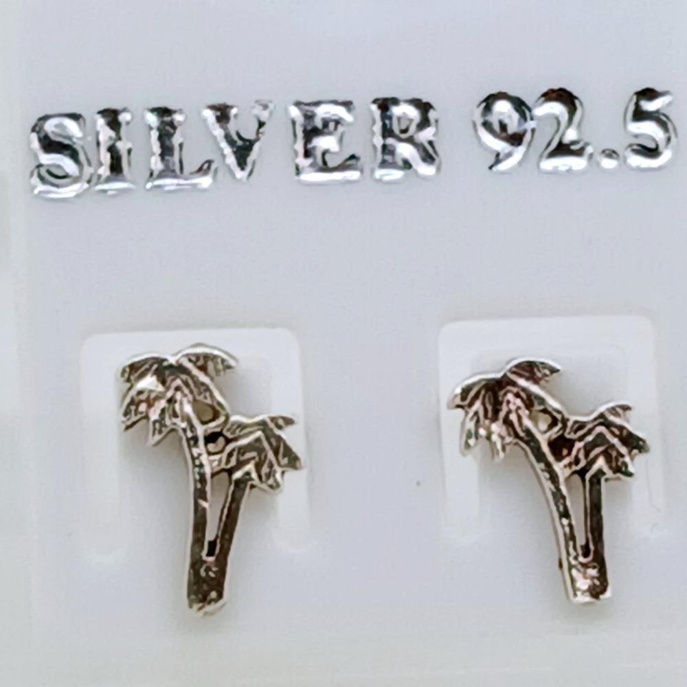 Vintage‎ 90s Sterling Silver 925 Palm Tree Stud Earrings Tropical Beach Jewelry